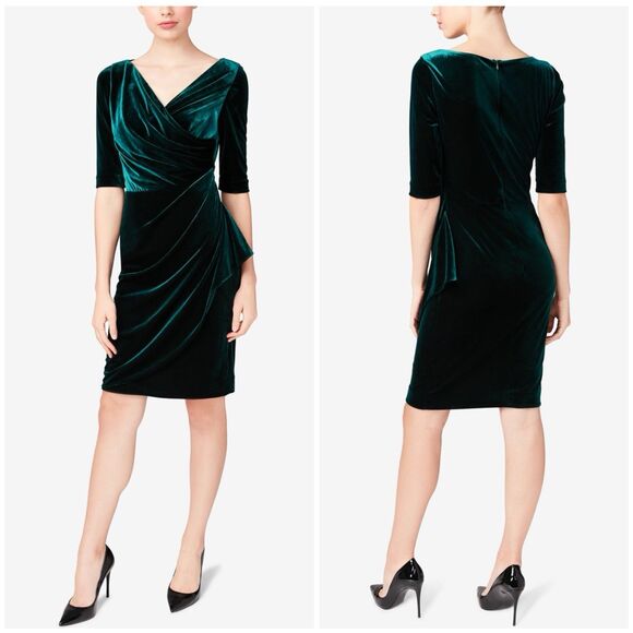 Betsey Johnson Green Velvet V Neck Long Sleeve Wrap Dress Holiday Party Size 10 - Picture 1 of 13